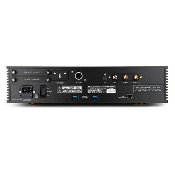 High Definition Caching Music Server / Streamer
HDD or SSD Drive Compatibility x 2 (user installed)
USB, AES/EBU, Coaxial, BNC, Optical Outputs and Word Clock Input